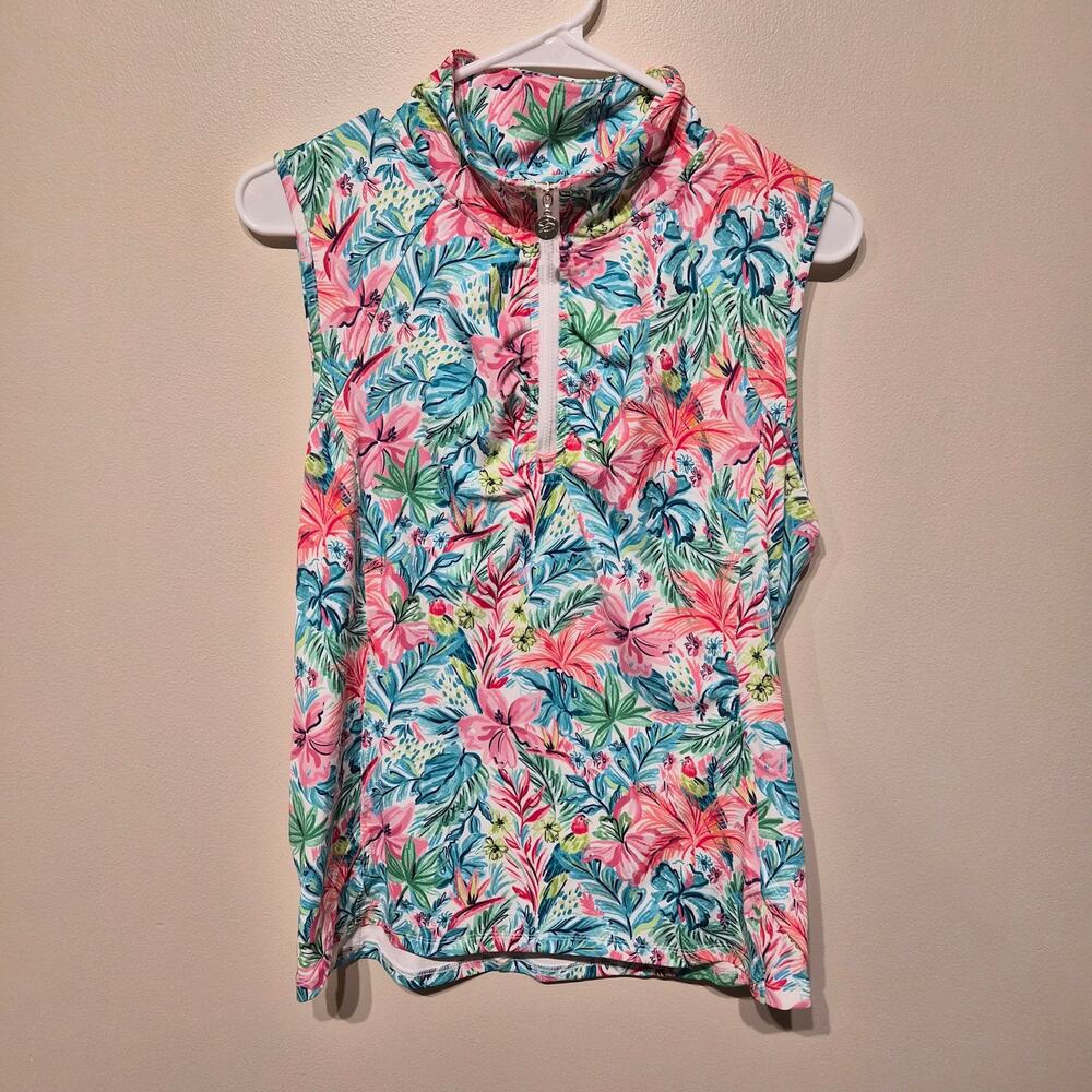Stella Parker Sport Medium Sleeveless Quarter Zip Tropical Floral Top Golf